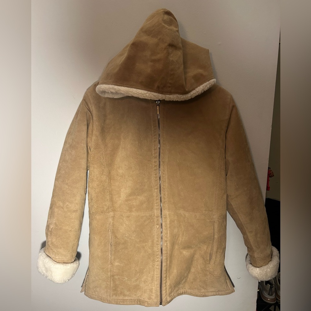 St. John’s Bay hooded suede and fur jacket. Women’s size Medium.